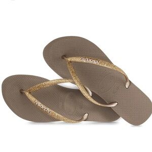 HAVAIANAS Brown Glitter Gold Flip Flops Platform Size 7/8 Women Casual Comfort